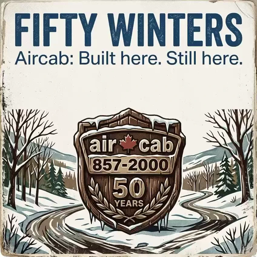 Fifty Winters anniversary song artwork with Air Cab’s 50-year crest on a snowy Moncton road